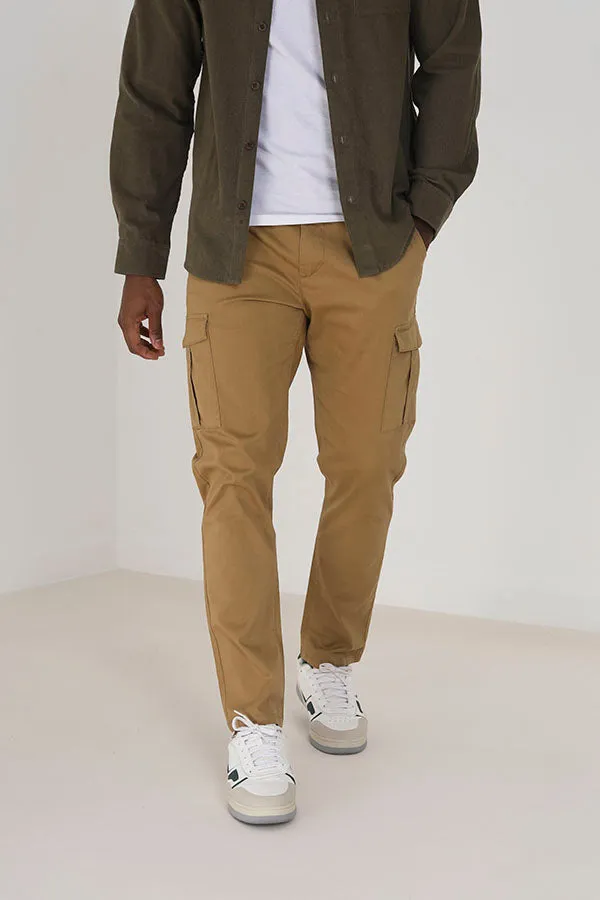 STONE COTTON TWILL CARGO CHINO STYLE TROUSERS