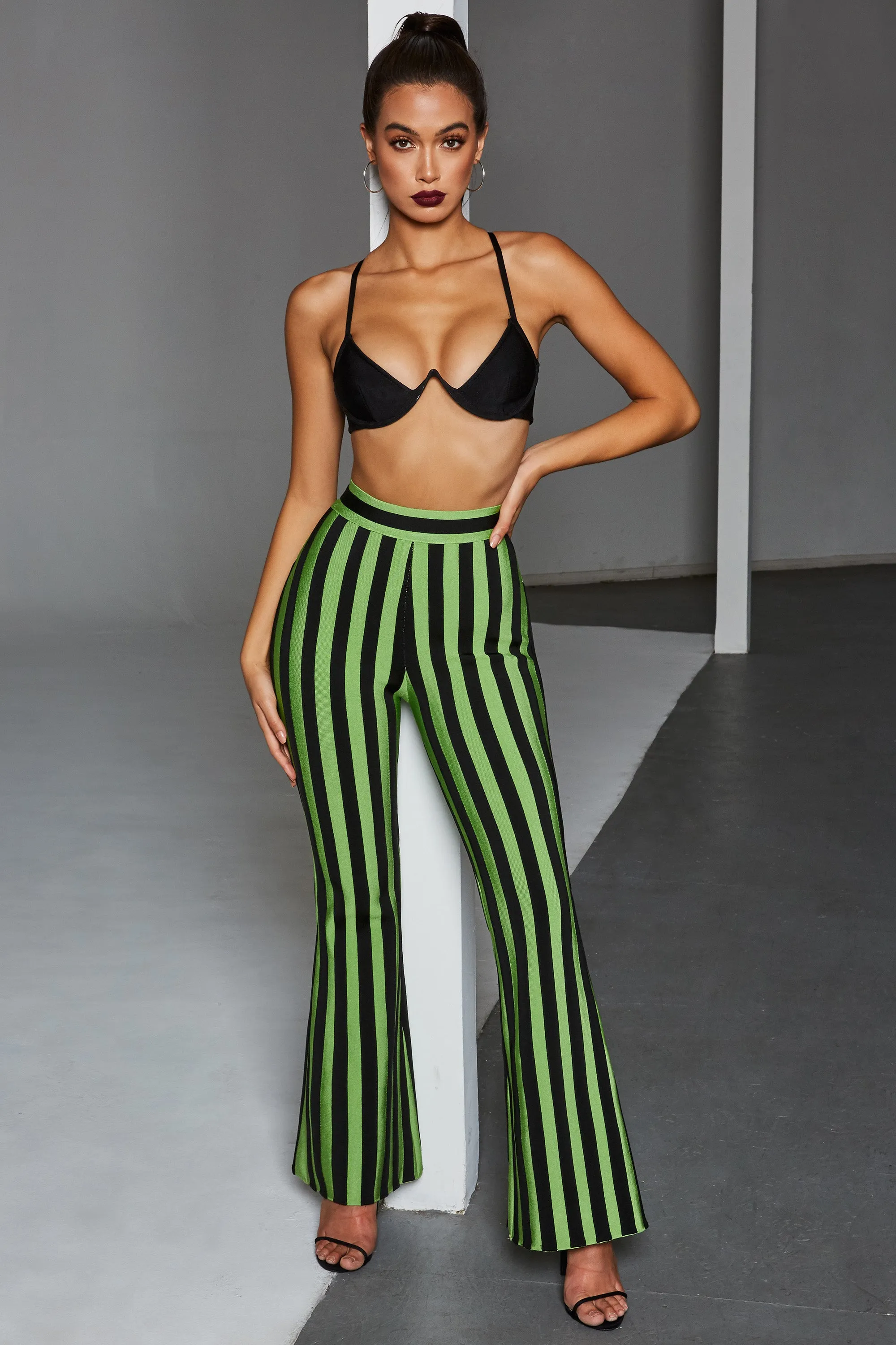 Stripe Me Down Pinstripe Wide Leg Bandage Trousers in Black & Green