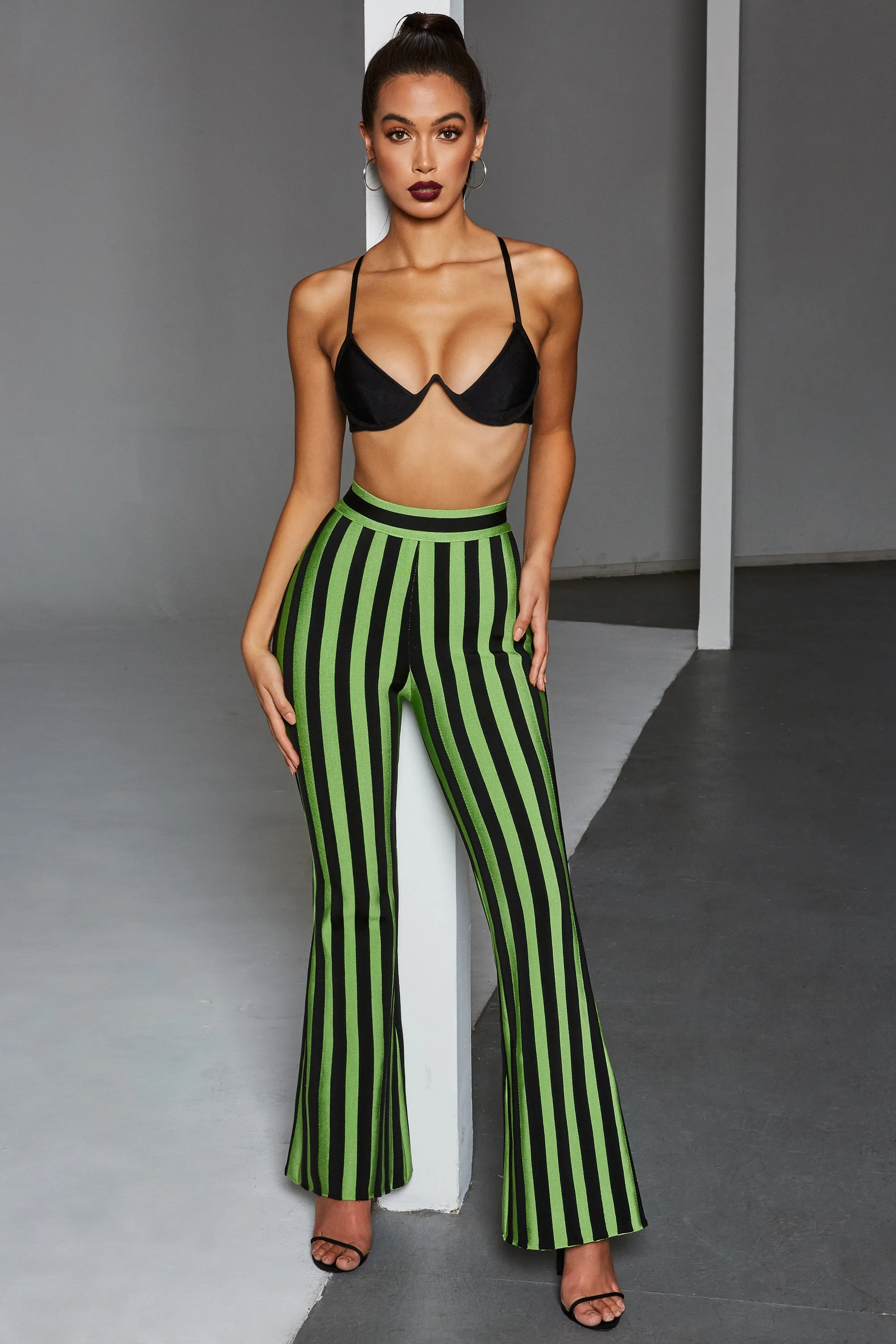 Stripe Me Down Pinstripe Wide Leg Bandage Trousers in Black & Green