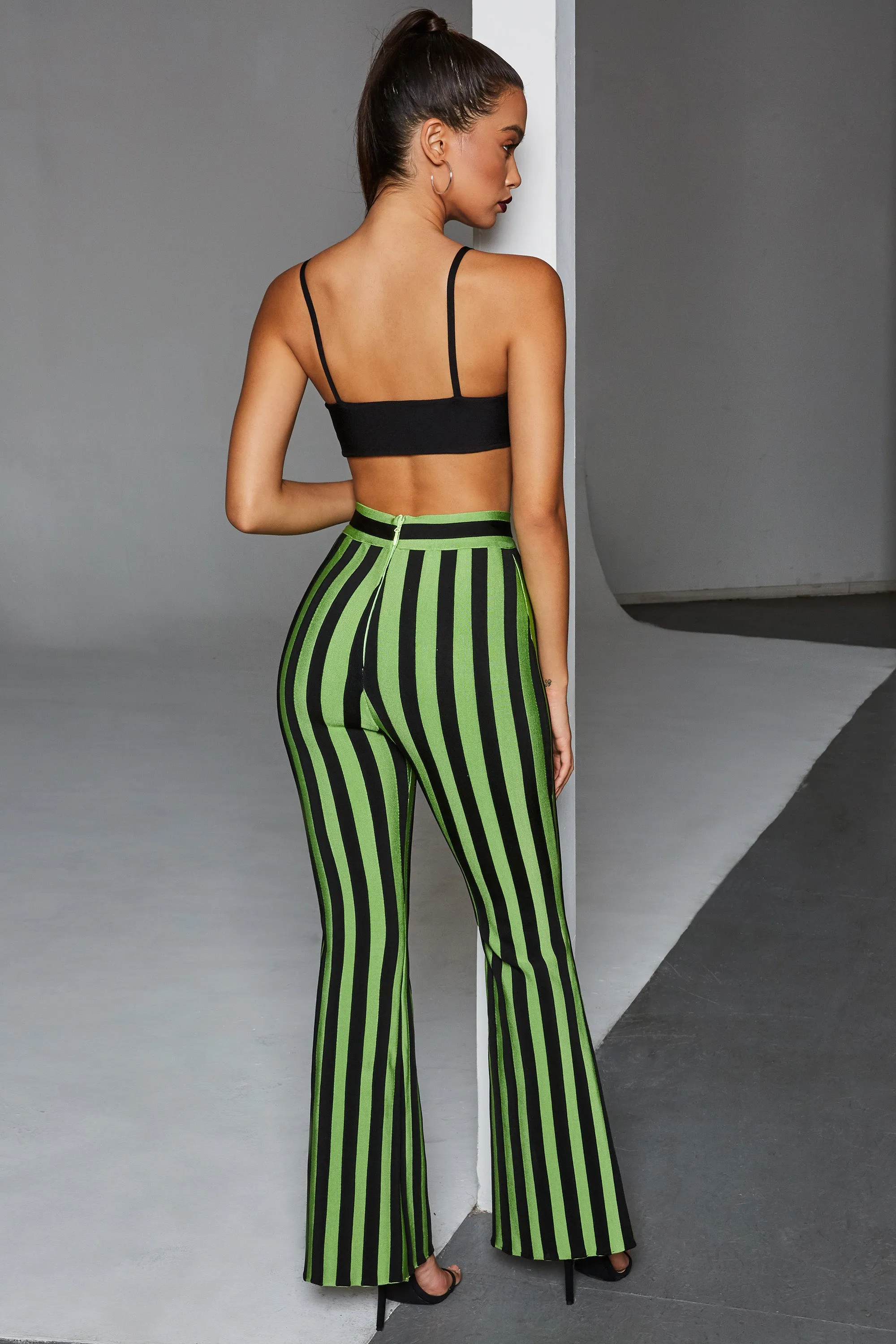 Stripe Me Down Pinstripe Wide Leg Bandage Trousers in Black & Green