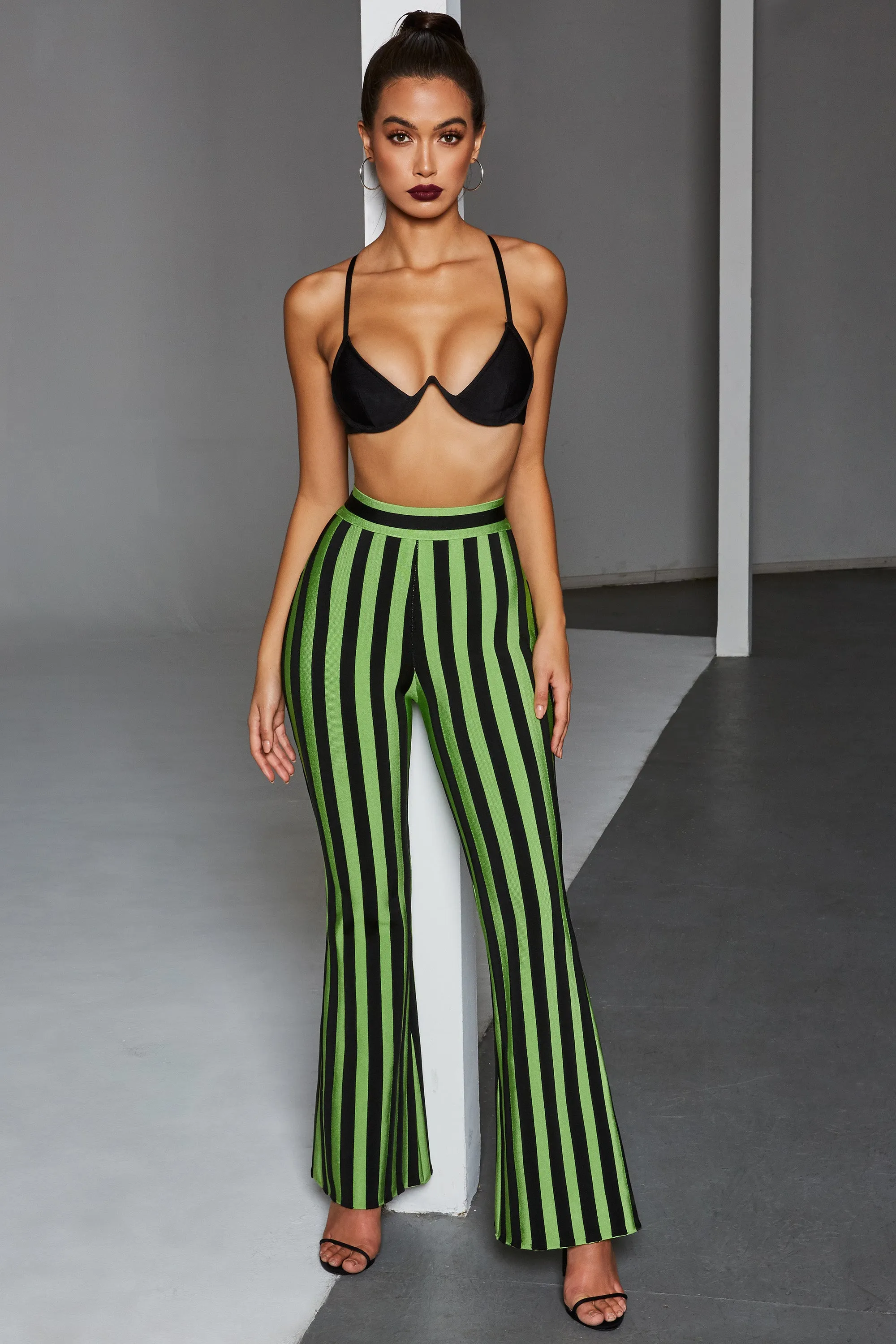 Stripe Me Down Pinstripe Wide Leg Bandage Trousers in Black & Green