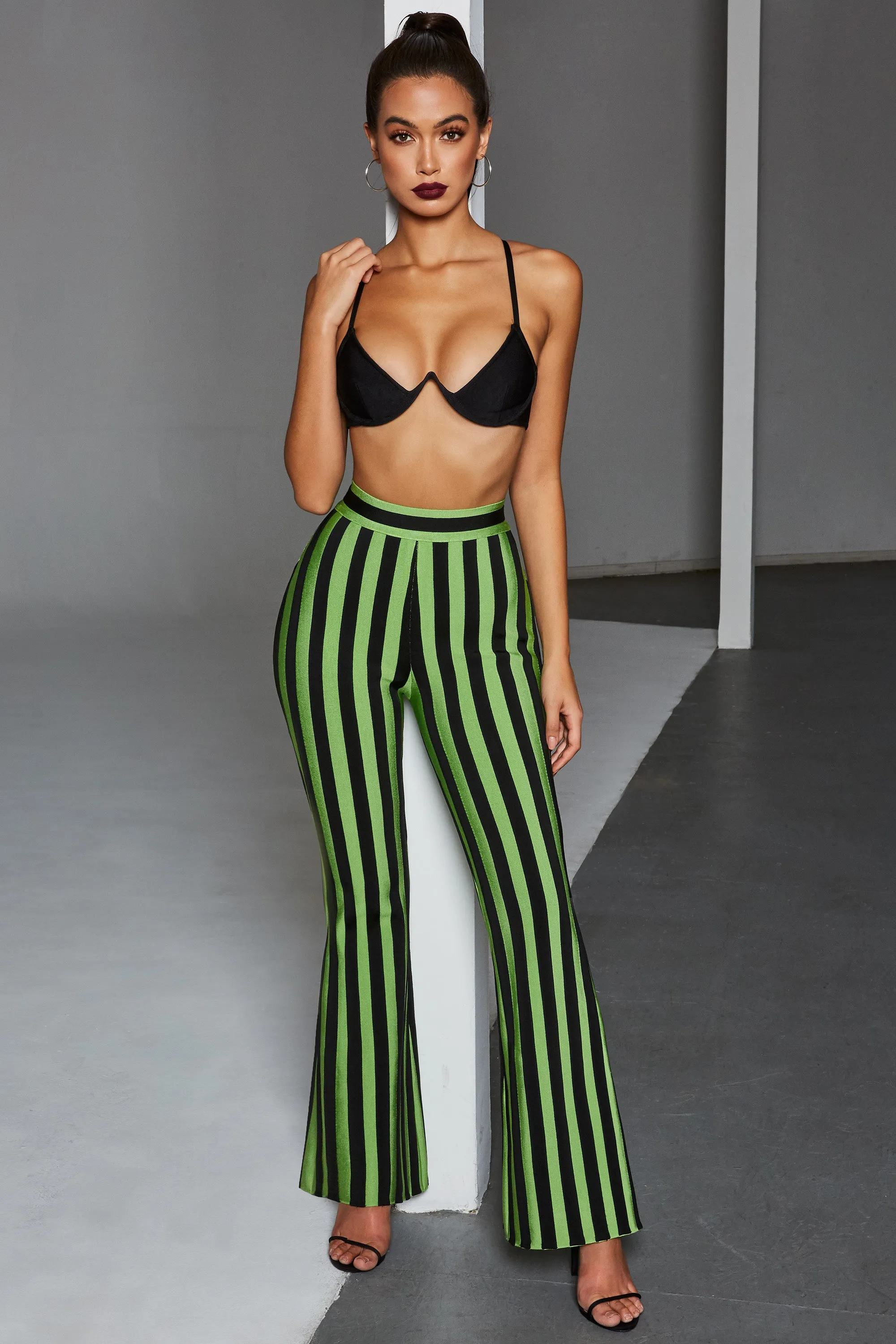 Stripe Me Down Pinstripe Wide Leg Bandage Trousers in Black & Green