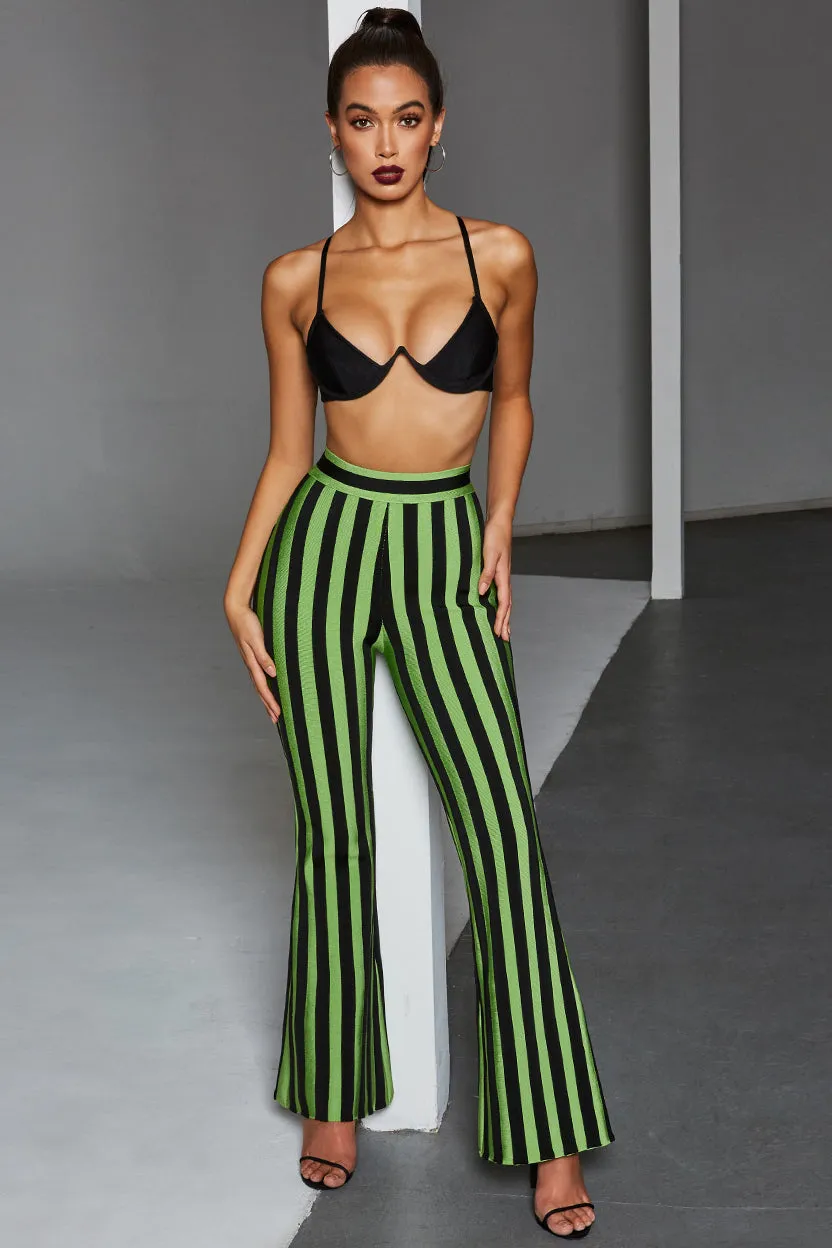 Stripe Me Down Pinstripe Wide Leg Bandage Trousers in Black & Green