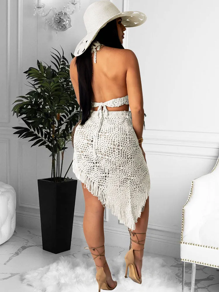 Two Piece Asymmetrical Knit Tassels Swimsuits