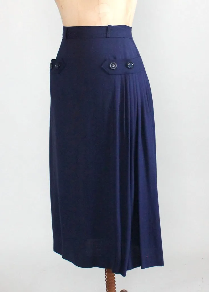 Vintage 1950s Navy Asymmetrical Pleat Skirt