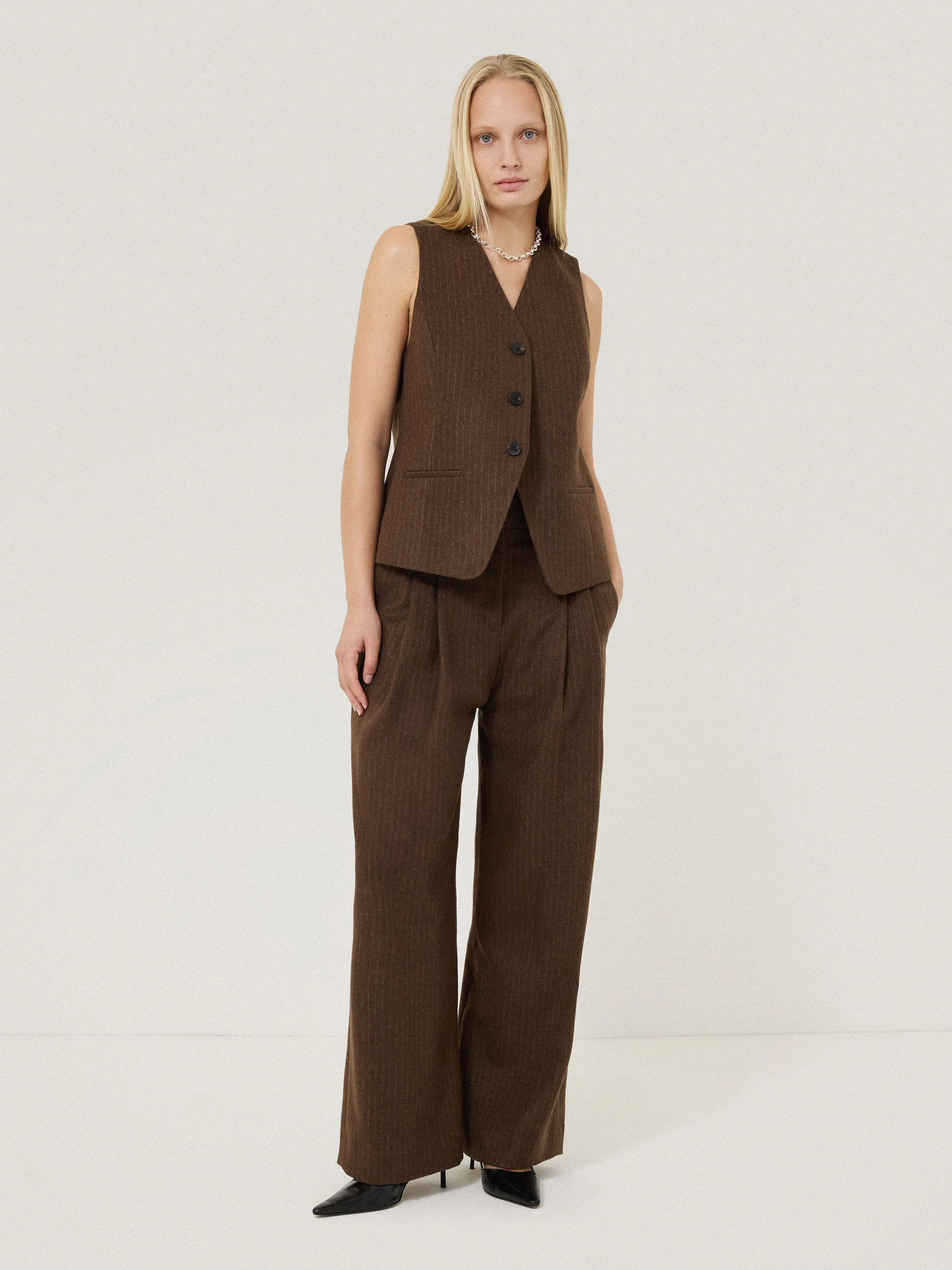 Wool Pinstripe Waistcoat | Brown