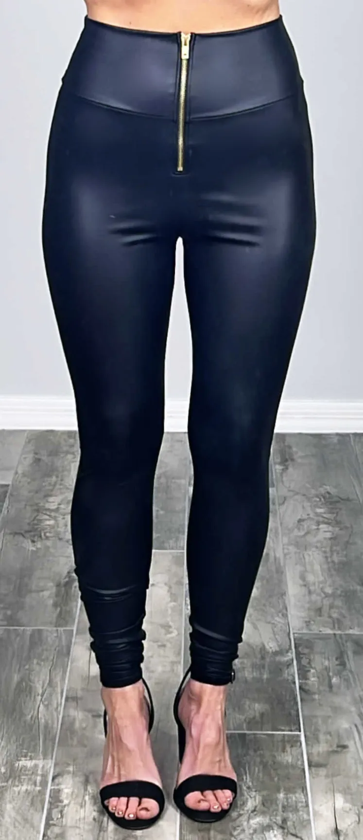 Zip Front Faux Leather Leggings - Black